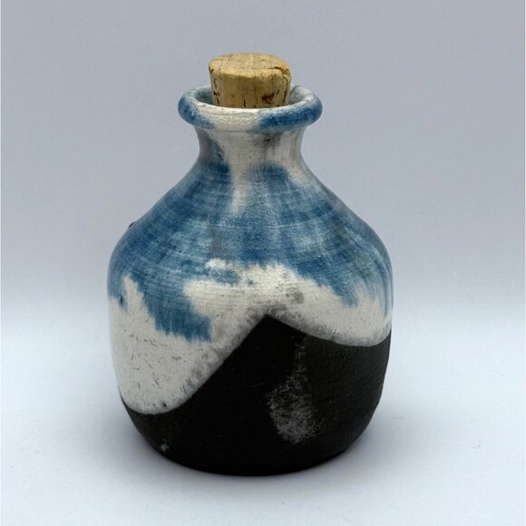 Raku Studio Art Ceramic Pottery Vase Signed With Cork Stopper Blue White 3.5 in - Picture 2 of 10